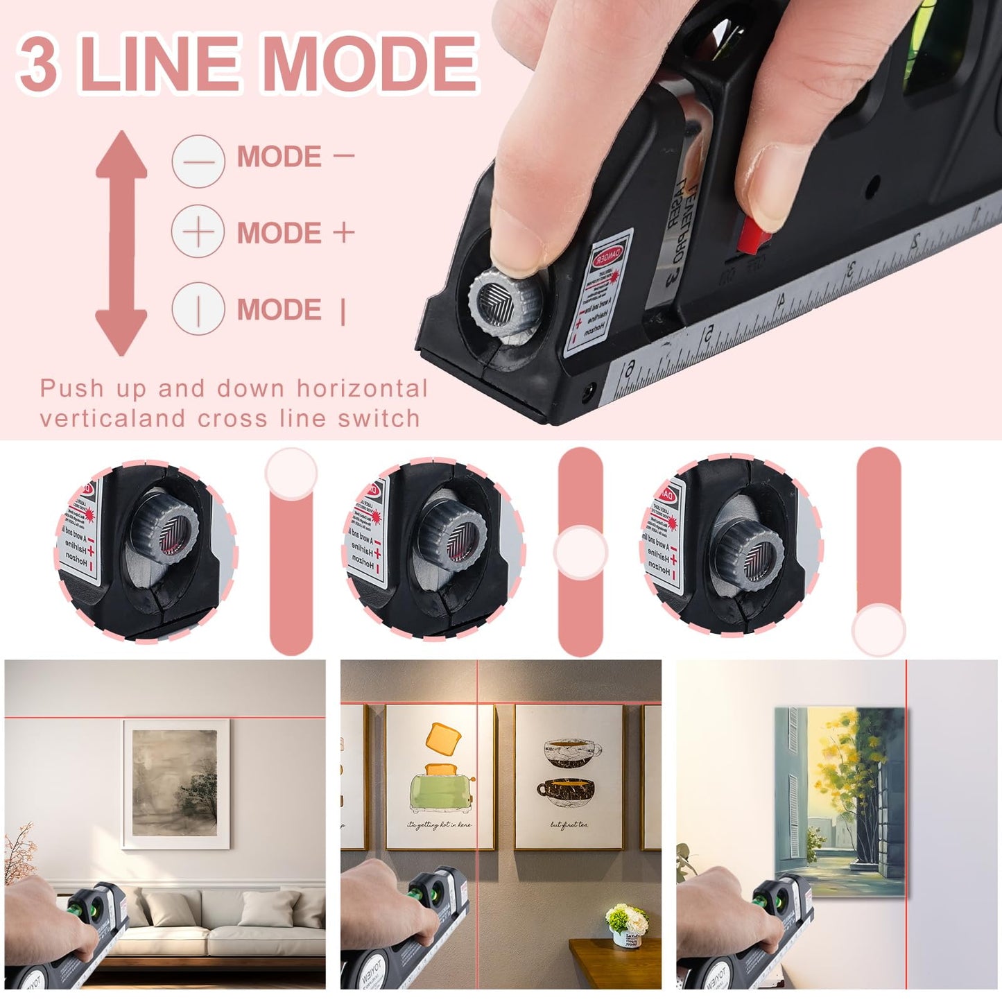 TOYIEW Picture Hanging Kit Tool, 352pcs Hanging Hardware with Heavy Duty Frame Hooks, Wire, Nails, D Rings, Photo Sawtooth Hangers, Wall Art Hanging Kit with Laser Level, Pink Claw Hammer