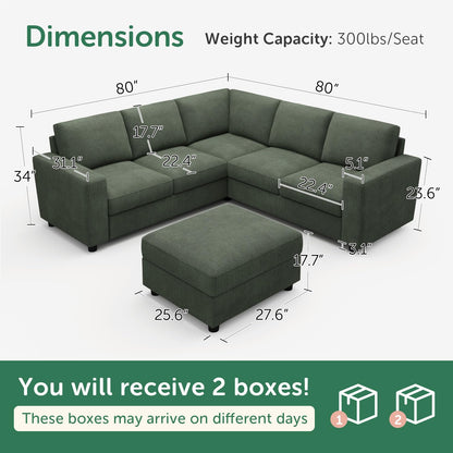 HONBAY Corduroy Sectional Sofa, 80 Inch 6 Seats L Shaped Couch with Ottoman for Living Room, Green