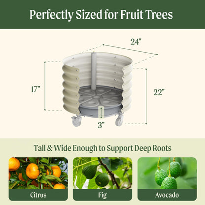 Rolling Metal Citrus Tree Planter, Self-Watering Round Large Pot for Growing Trees Tomatoes Outdoor Plants Vegetables and Flowers, Raised Garden Bed with Wheels for Porch Patio & Backyard, Olive Green