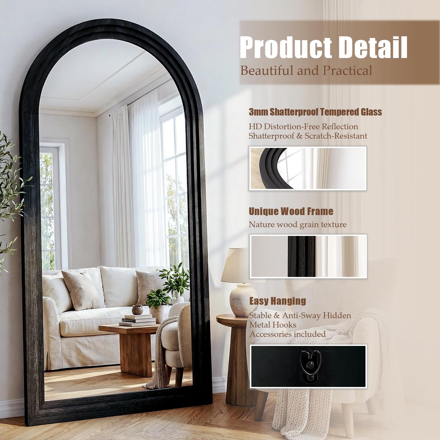 WISSMIELS 30"x71" Full Length Mirror Solid Wood Frame, Arched Floor Mirror Full Length with Stand, Room Decor Big Full Body Mirror with HD Tempered Glass for Bedroom, Living Room, Black