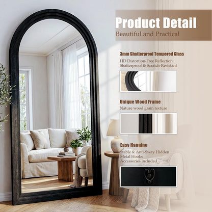 WISSMIELS 30"x71" Full Length Mirror Solid Wood Frame, Arched Floor Mirror Full Length with Stand, Room Decor Big Full Body Mirror with HD Tempered Glass for Bedroom, Living Room, Black