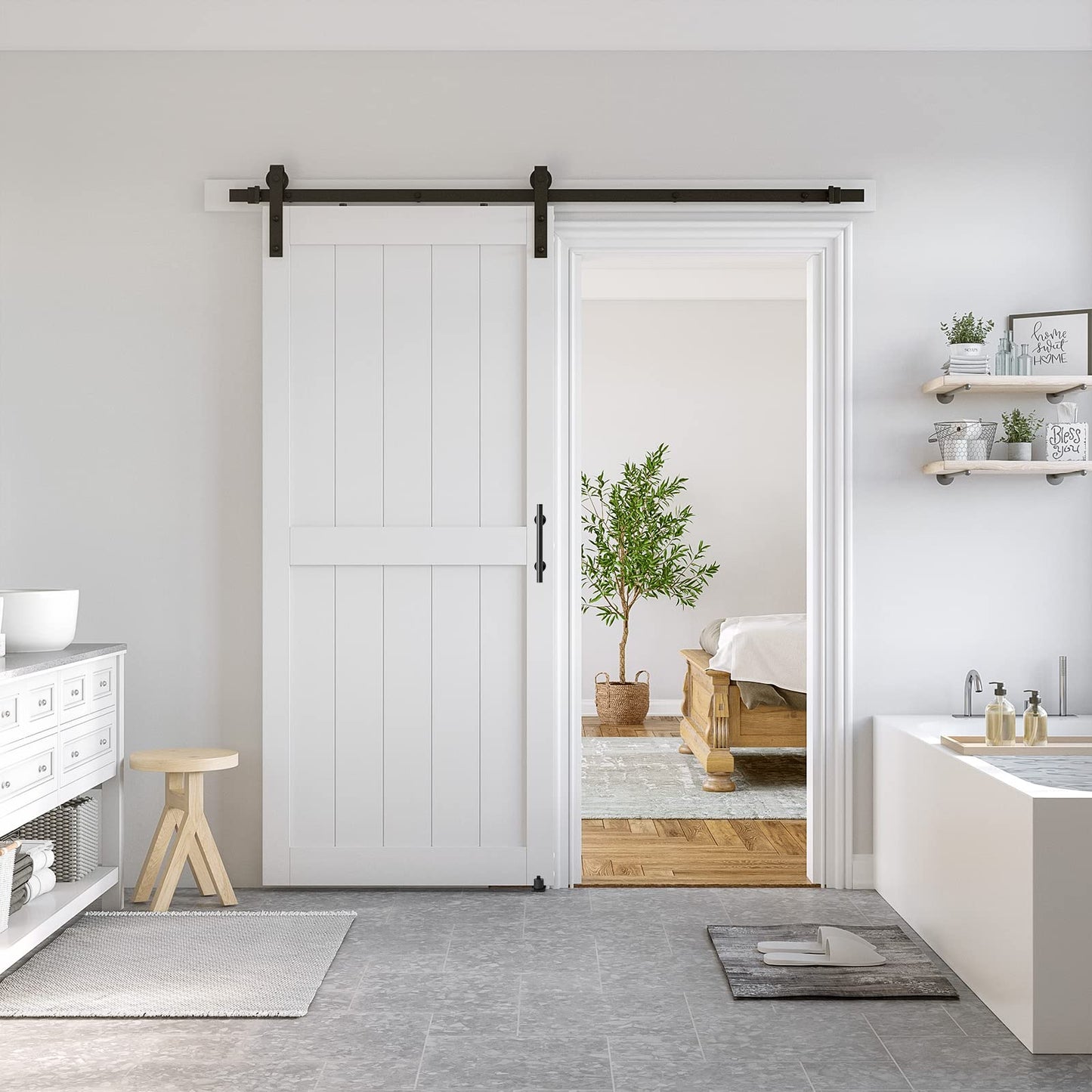 SmartStandard 38 x 84 inch White Sliding MDF Barn Door with 6.6FT Black Sliding Door Hardware Kit & Handle, Pre-Drilled Ready to Assemble, Waterproof PVC Coating, H-Frame