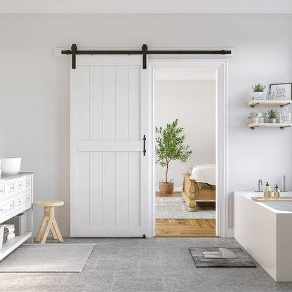 SmartStandard 38 x 84 inch White Sliding MDF Barn Door with 6.6FT Black Sliding Door Hardware Kit & Handle, Pre-Drilled Ready to Assemble, Waterproof PVC Coating, H-Frame