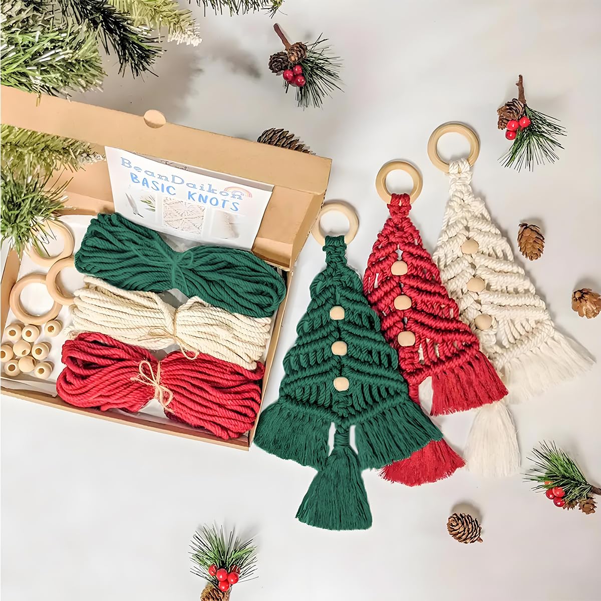 Macrame Kit for Beginners with Step by Step Video Tutorials DIY Christmas Tree Wall Hanging Craft Kit for Adults Kids Family Festive Holiday Activity Creative Boho Home Decor Unique Gift Idea (A)
