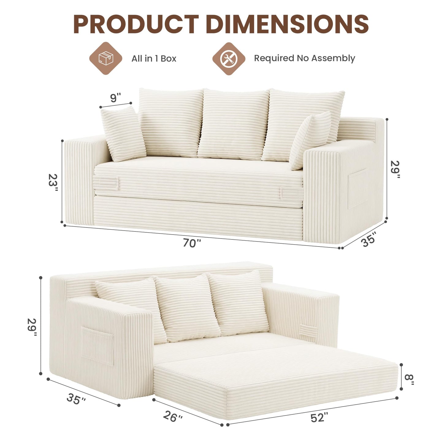 JUIKURY Boneless Couches 70 inch: 3-in-1 Convertible Sofa Bed Futon Couch Bed, Oversized Loveseat Sleeper Sofa with 5 Pillows, Beige Couch for Living Room, Bedroom & Small Space