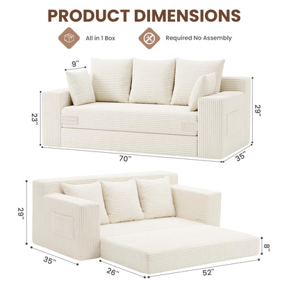 JUIKURY Boneless Couches 70 inch: 3-in-1 Convertible Sofa Bed Futon Couch Bed, Oversized Loveseat Sleeper Sofa with 5 Pillows, Beige Couch for Living Room, Bedroom & Small Space