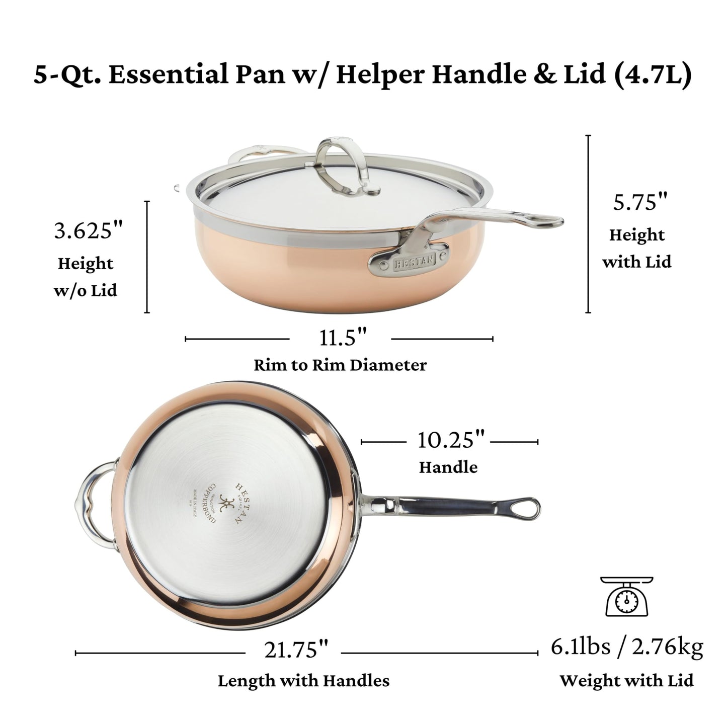 Hestan - CopperBond Collection - 100% Pure Copper Essential Pan, Induction Cooktop Compatible, 5 Quart