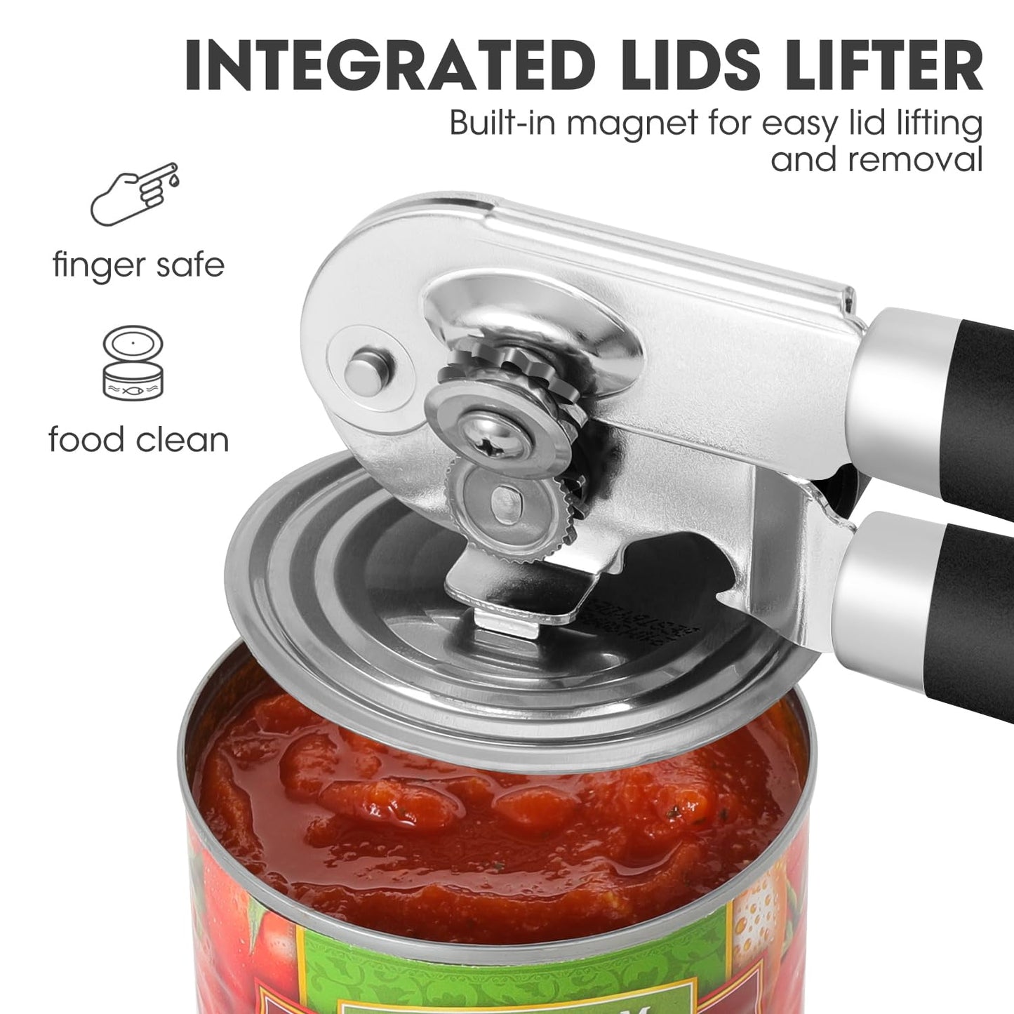 Manual Can Opener, UHIYEE Handheld Can Opener Heavy Duty with High Carbon Sharp Blade, Ease Can Open for Seniors with Comfort Grip Handles, Oversized Turn Knob, Black