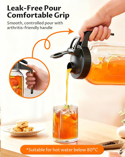 64 oz Mason Jar Pitcher – Airtight & Leakproof Glass Pitcher with Lid, Perfect for Iced Tae, Sun Tea, Cold Brew, Breastmilk, 2 Quart (1/2 Gallon) Mason Jar with Pour Spout Lid Flip-Cap & Handle