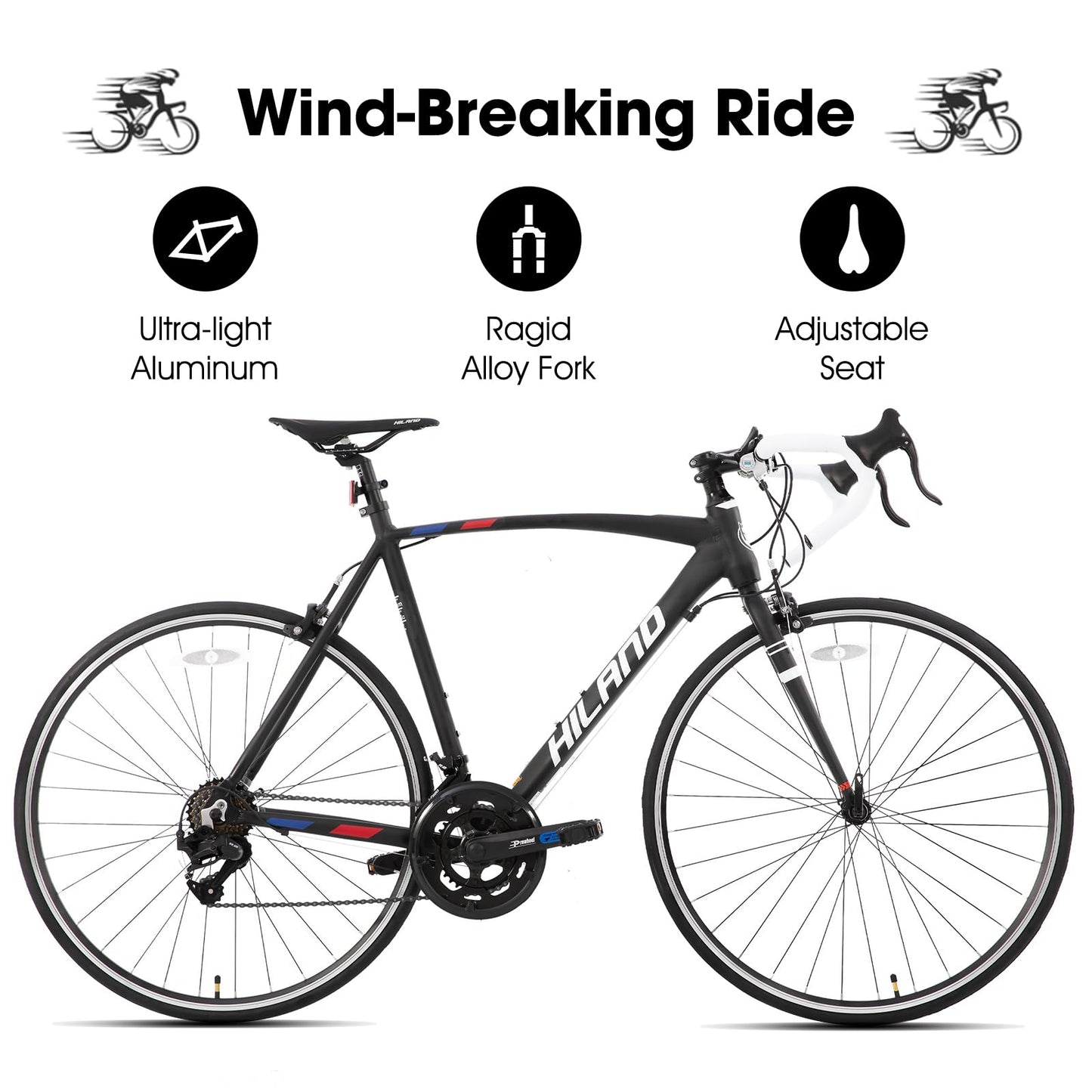 HILAND 14 Speeds 700C Road Bike, Light Weight Aluminum Frame Sport Bike, Racing Bike for Men Women Adult Bicycle 57 CM Frame Black