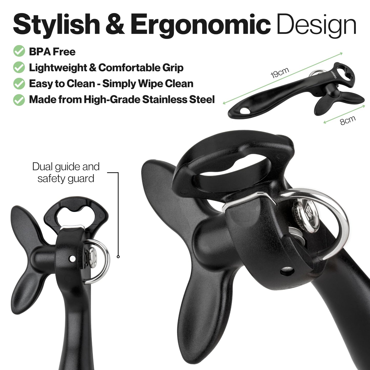 Lantana Smooth Edge Can Opener with Bottle Cap Lifter - Hand Held Manual Safety Tin Opener - Black/Stainless Steel