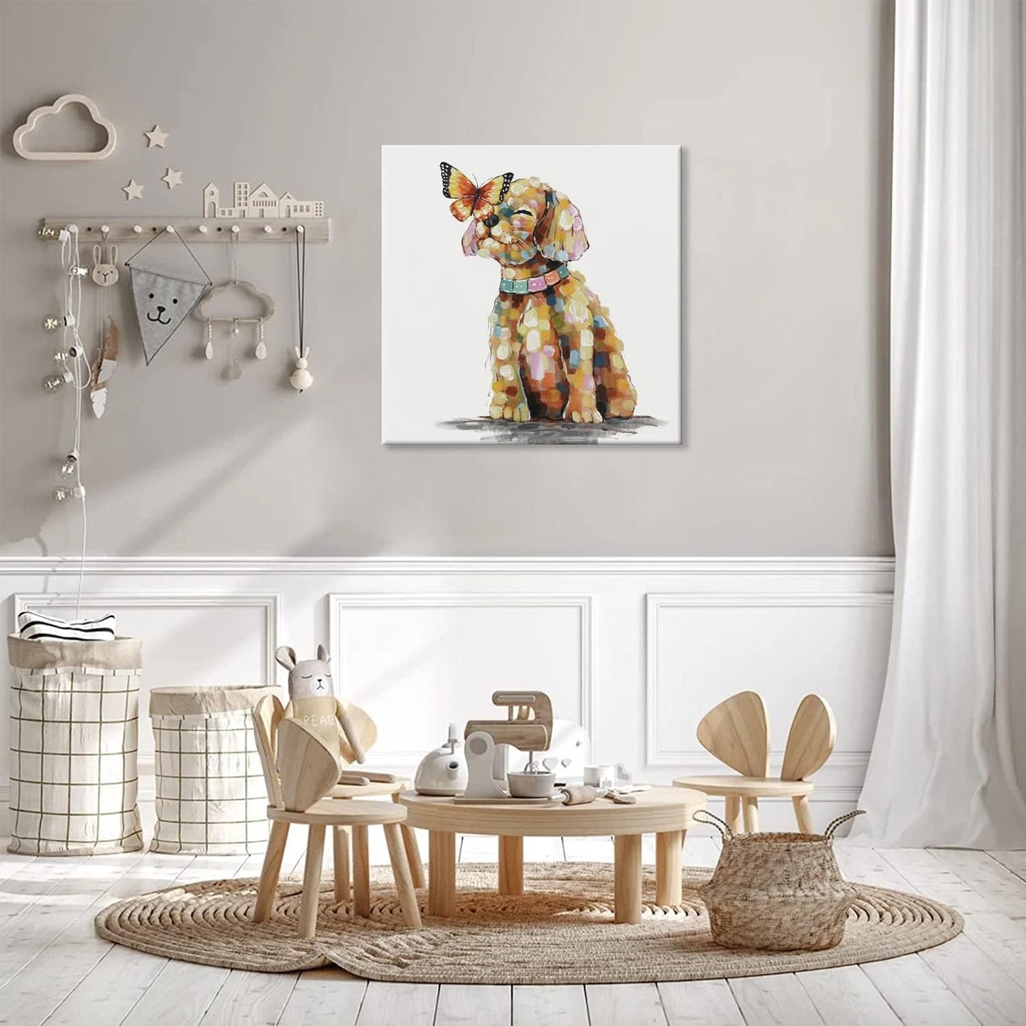 24"x24" SEVEN WALL ARTS Dog Canvas Wall Art Colorful Animal Picture Pet Puppy Butterfly Alighted on Dog Paintings