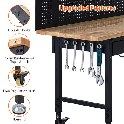 ACONEE 60" Adjustable Workbench with Drawer Storage, Heavy-Duty Worktable with Pegboard & Power Outlet, Solid Steel Frame, 2000LBs Load Capacity Rubber Wood Top Workbench for Garage, Office, Workshop