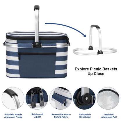 ALLCAMP Picnic Basket - Insulated Cooler, Thickening Foldable Picnic Basket with Removable Baskets & Sewn-in Frame, Basket for House Warming Gifts New Home(Blue White)