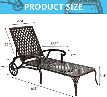 Karzibo Cast Aluminum Outdoor Chaise Lounge Chair with Wheels, Patio Chaise Lounge with 3-Position Adjustable Backrest, Outdoor Tanning Chair Patio Lounge Chair, Brown