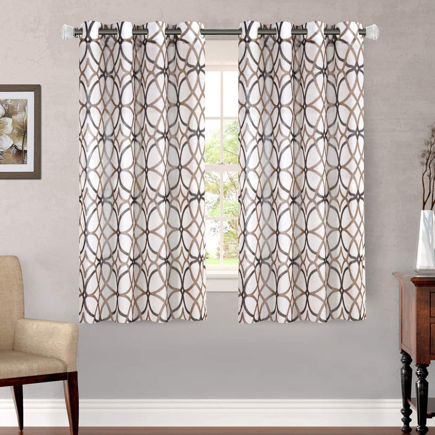 H.VERSAILTEX Linen Curtains 63 Inch Length 2 Panels Linen Sheer Curtains Textured Flax Window Draps for Living Room, Privacy Modern Printed Grommet Grapes Geometric Taupe/Brown