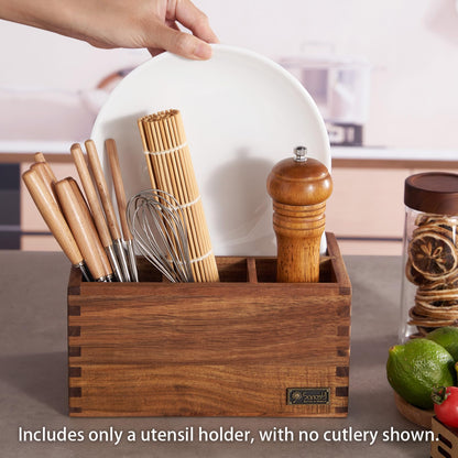 SANOSY Acacia Wood Utensil Holder, Paper Plate Dispenser Organizer for Countertop - 4 Compartment Silverware Caddy for Friendsgiving Party - Cutlery Holder for Cup, Fork, Spoon, Kitchen, Camping