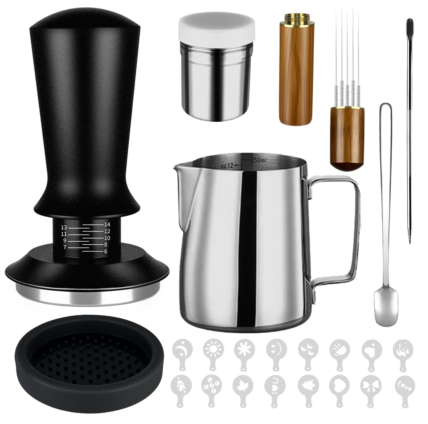 23Pcs Espresso Accessories, 51mm Coffee Espresso Tamper Kit, Espresso Machine Accessories Set, with Espress Stirrer | 350ml Milk Pitcher | Coffee Powder Dispenser | Latte Art Kit for Espresso Machine