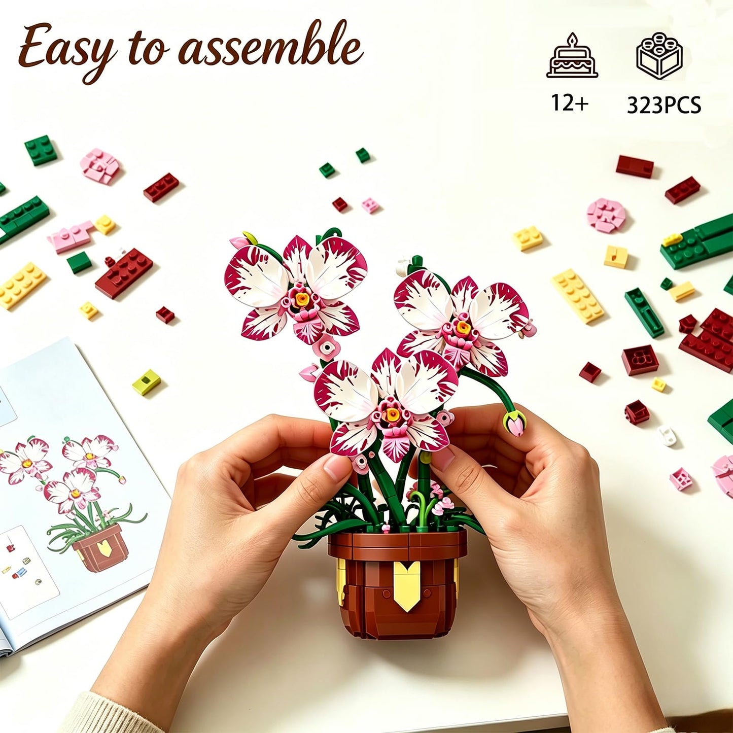 COZYMASS Orchid Building Block Set for Adults, Artificial Flower Plant Building Kit with Pot, Home, Kitchen, Dining Table Decoration, Creative Gift for Birthday (323 PCS)