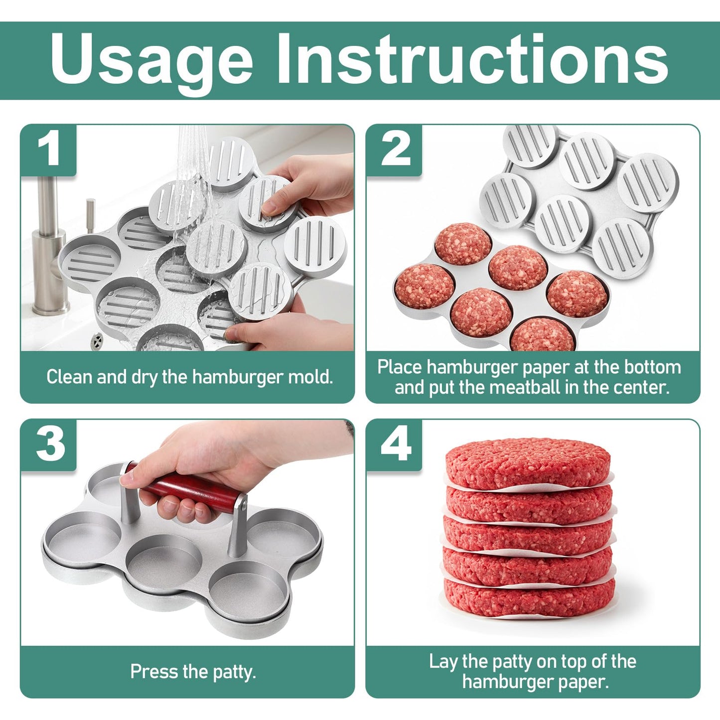 AOZUO Mini Burger Press Small Meat Patty Maker with 300 Patty Papers and 6 Round Shape Press Patty Maker for Mini Hamburger, Barbecue, Picnic, Camping, Six 2.64-inch Slots, 6 Pieces at Once