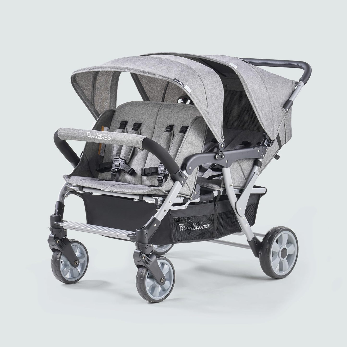 Familidoo H4E Quad Stroller Wagon for Kids, 4-Seater Daycare Baby Stroller with 5-Point Safety Harness, Lightweight & Foldable with All Reclining Seats, Double Canopy & Rain Cover (Gray)