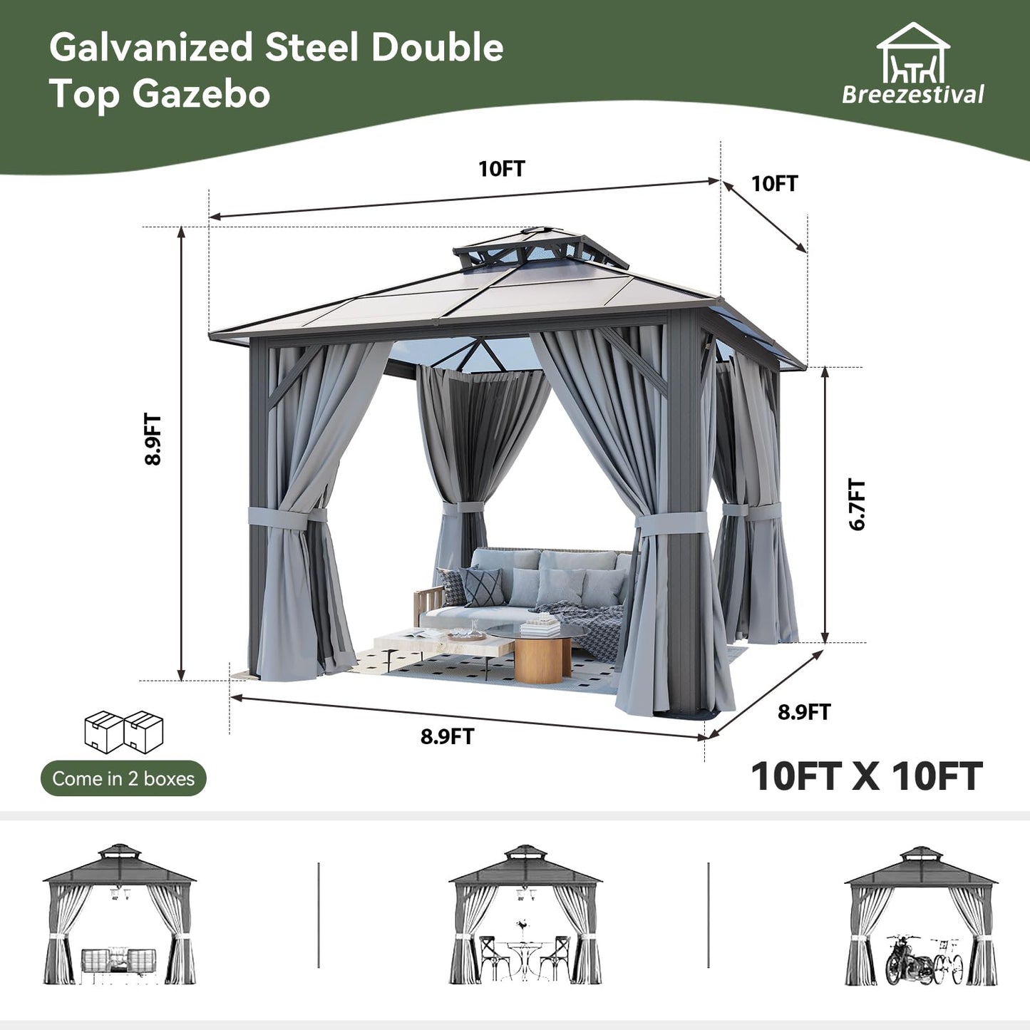 Breezestival 10’x10’ Hardtop Gazebo with Double Polycarbonate Roof Outdoor Metal Gazebo Sturdy Aluminum Frame & Removable Curtains, Netting Permanent Pavilion Pergola for Garden,Patio,Lawn (Gray)