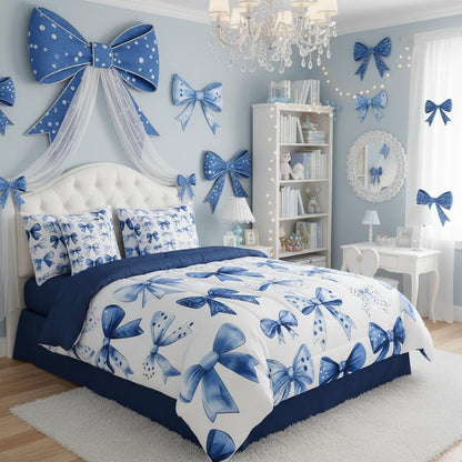 Erosebridal Kids Blue Bow Comforter Set with Sheets Twin Size Princess Bow Tie Girls Bed in A Bag Ultra Soft Butterfly Knot 7 Pieces Bed Set Bedroom Decor Fairy Tale Theme Girlish Room Decor