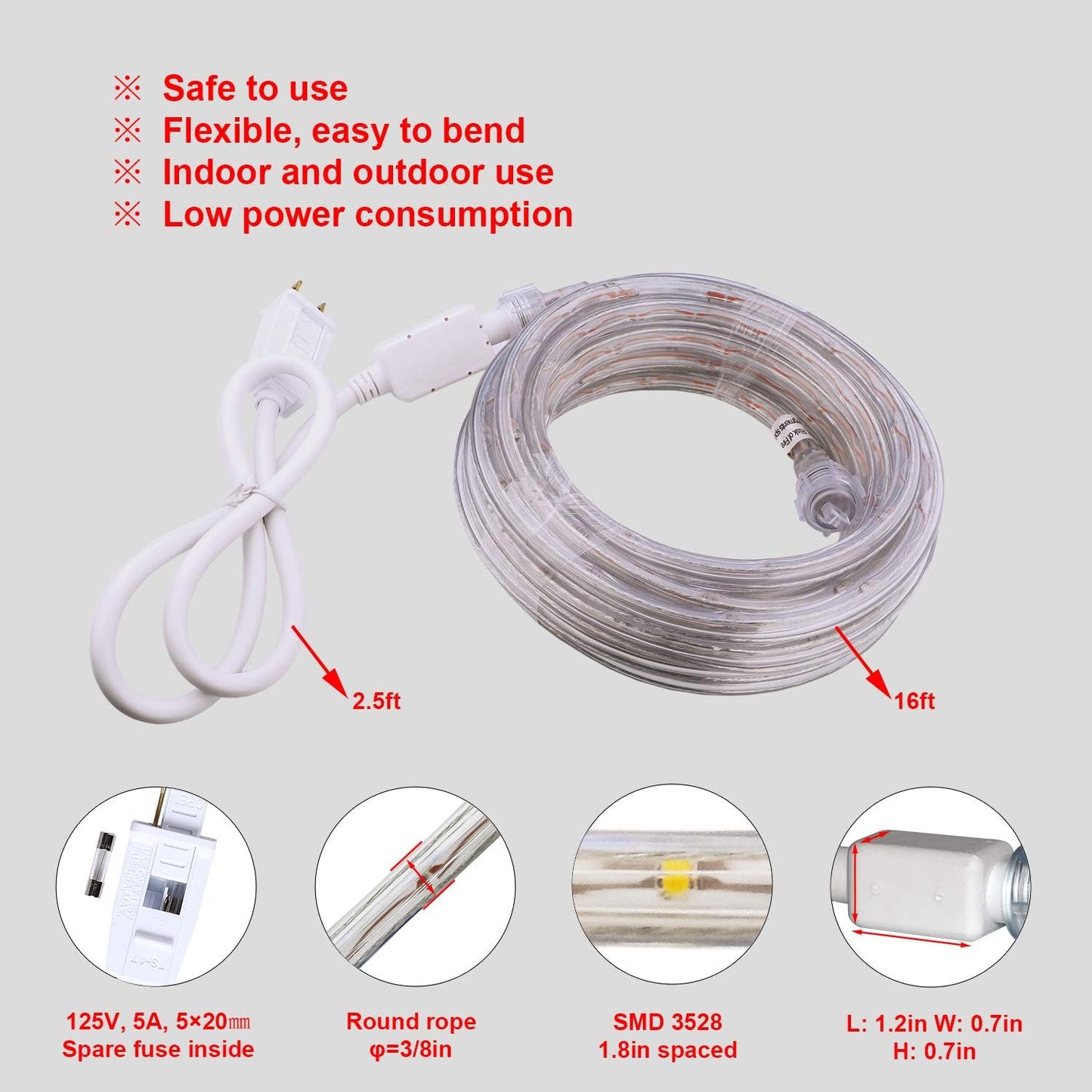 Areful 16ft 360 Red LED Lights, Rope Lights, Flexible and Connectable Strip Lighting, Waterproof for Indoor Outdoor