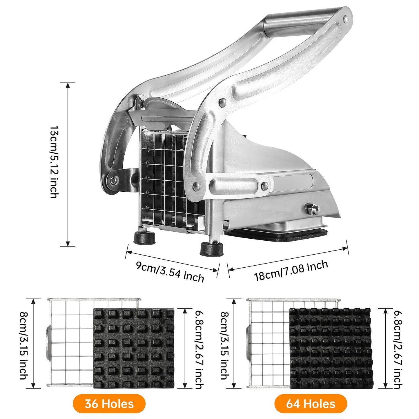 REDANT Professional French Fry Cutter - Stainless Steel Potato Slicer with 2 Blades (1/2 and 1/3 Inch) and Non-Slip Suction Feet for Homemade French Fries, Chips & Sweet Potatoes (Silver, 1PCS)