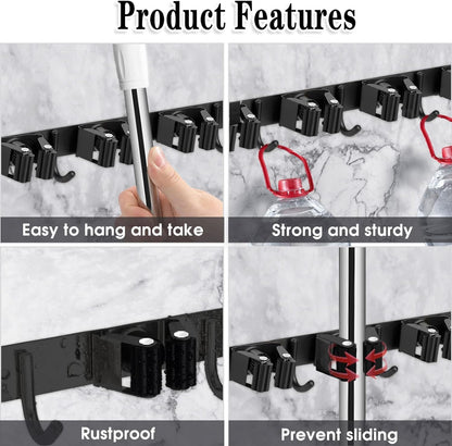 AceMining 5 Racks and 4 Hooks Mop and Broom Holder Wall Mount, Broom Organizer Storage Tool Racks Stainless Steel Heavy Duty Hooks Self Adhesive Solid Non-slip for Home Kitchen Garden Laundry Garage