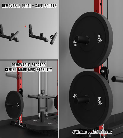 Eonfit E2 Power Cage with 3D Rotation Arms - Multi-Functional Power Rack for Home Gym. 1500lb Squat Rack for Home Gym. Pulley System for Cable Crossover & LAT Pulldown (RED, PRO)