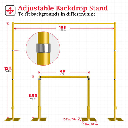 EMART Pipe and Drape Backdrop Stand Kit, 12ftx10ft Heavy Duty Adjustable Photo Background, Metal Frame with Flat Base for Wedding, Birthday Party, Banquet Decorations - Gold
