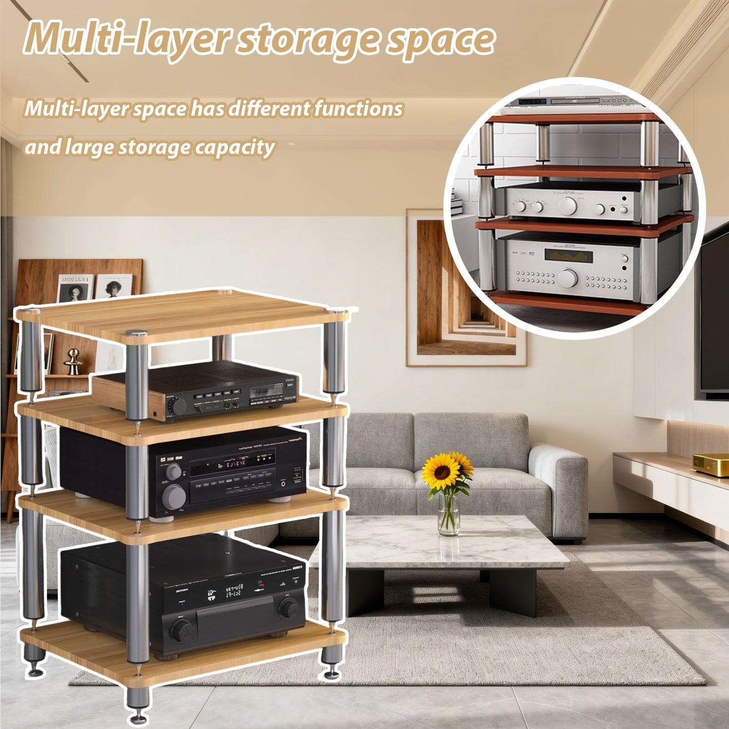 ZUGIATP HiFi 3 Tier AV Media Stand Wood Shelf Record Player Stand Stereo Cabinet Audio Tower Media Console Storage Shelf Audio Video Components(Light Walnut,Double Layer)