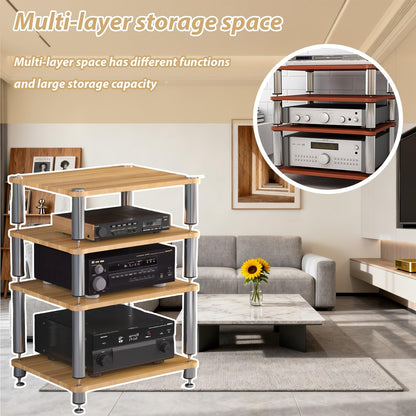 ZUGIATP HiFi 3 Tier AV Media Stand Wood Shelf Record Player Stand Stereo Cabinet Audio Tower Media Console Storage Shelf Audio Video Components(Light Walnut,Double Layer)