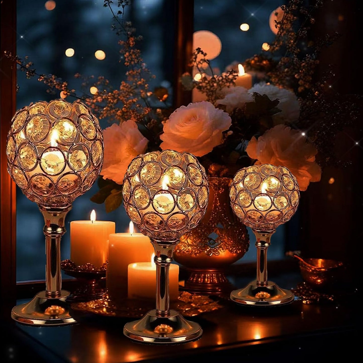 HearthLume Candle Holder Candlestick Holders- 2Set Gold Crystal Pillar Candle Holders,Metal Candlestick Stands for Wedding Centerpieces,Table Decor for Church,Valentine's Day Housewarming Gift,6Pcs
