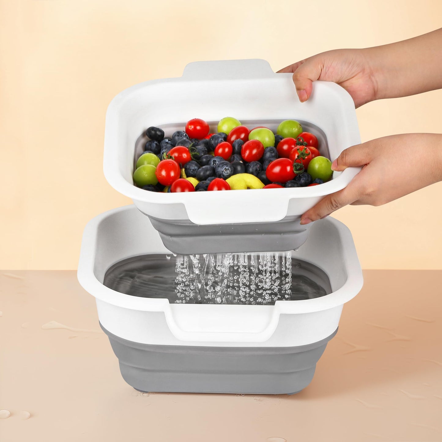ROTTOGOON Collapsible Colander Set with Strainer Bowl, 2 in 1 Fruit Washing Basket with Strainer, 5 + 3 QT Plastic Colanders for Kitchen, Foldable Double Layered Colanders Bowl for Vegetable, Grey