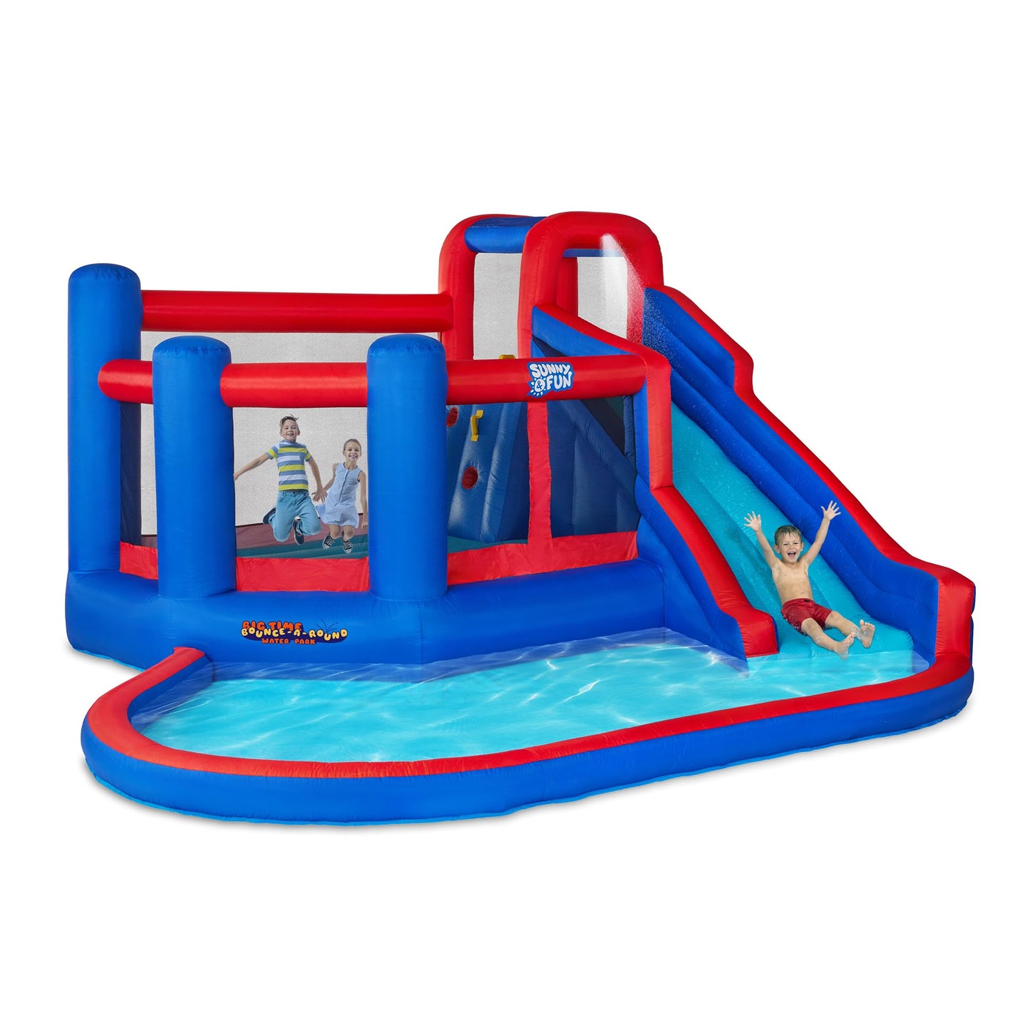 Sunny & Fun Big Time Bounce-A-Round Inflatable Water Slide Park – Heavy-Duty for Outdoor Fun - Climbing Wall, Slide, Bounce House & Splash Pool – Easy Set Up with Included Air Pump & Carrying Case