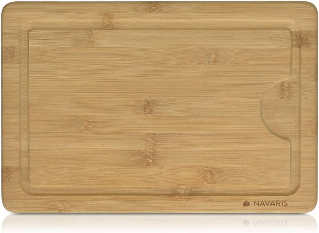 Navaris Medium Bamboo Wooden Cutting Board, Natural Chopping Board with Juice Groove, 14 x 9 inches