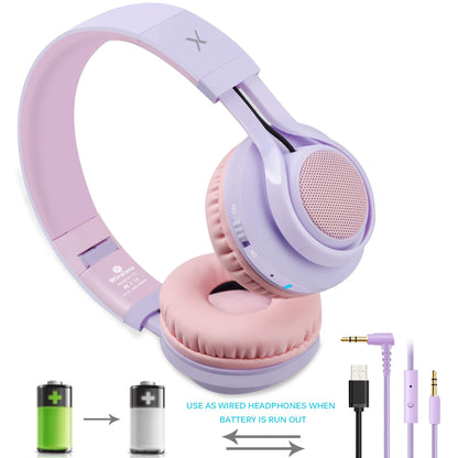 Riwbox WT-7S Kids Bluetooth Headphones Light Up, Foldable Stero Wireless Headset,with Microphone and Volume Control,Comfortable and Durable,for PC/Tablet/TV/Travel(Purple)