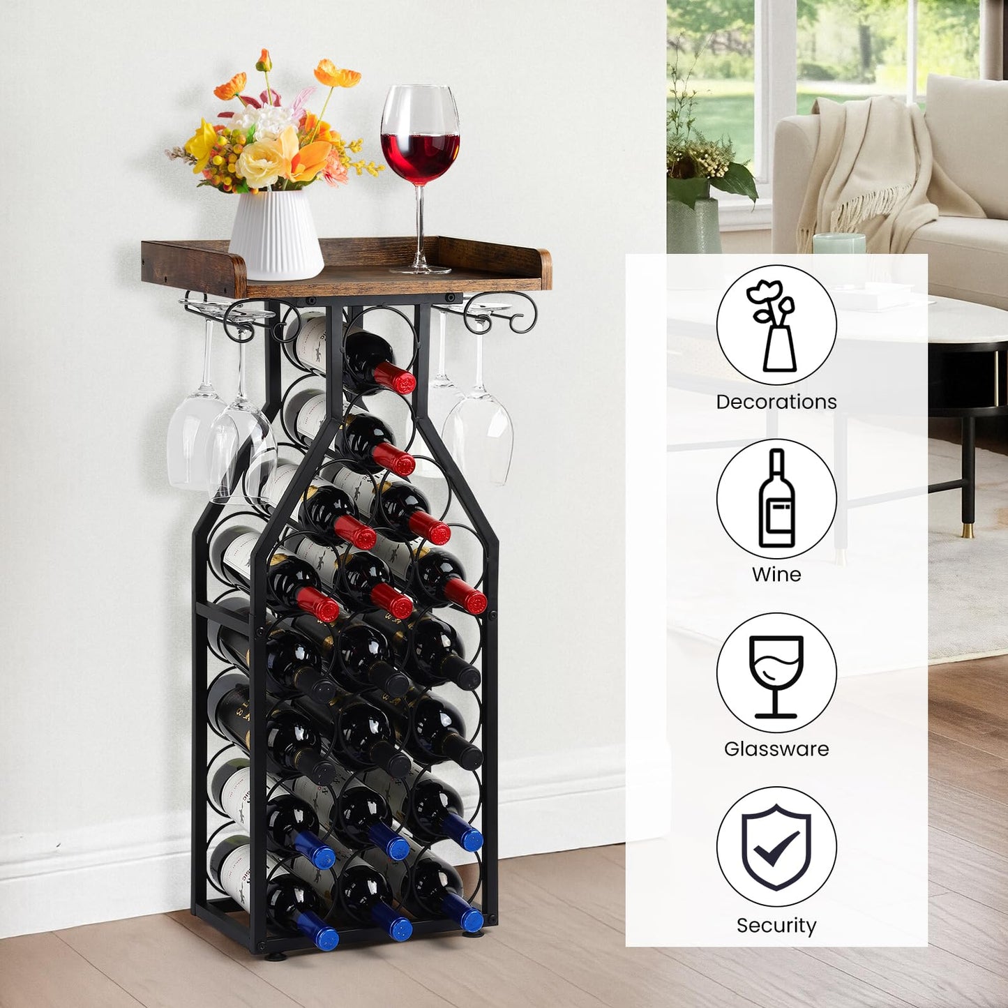 Plinthos Wine Rack Floating Shelvesr Versatile Liquor Stand for Home Bar Mini Bar Table Wine Holder Stand Liquor Cabinet with Glass Holder Wood Tabletop 19 Bottles Floor Dining Room, Living Room