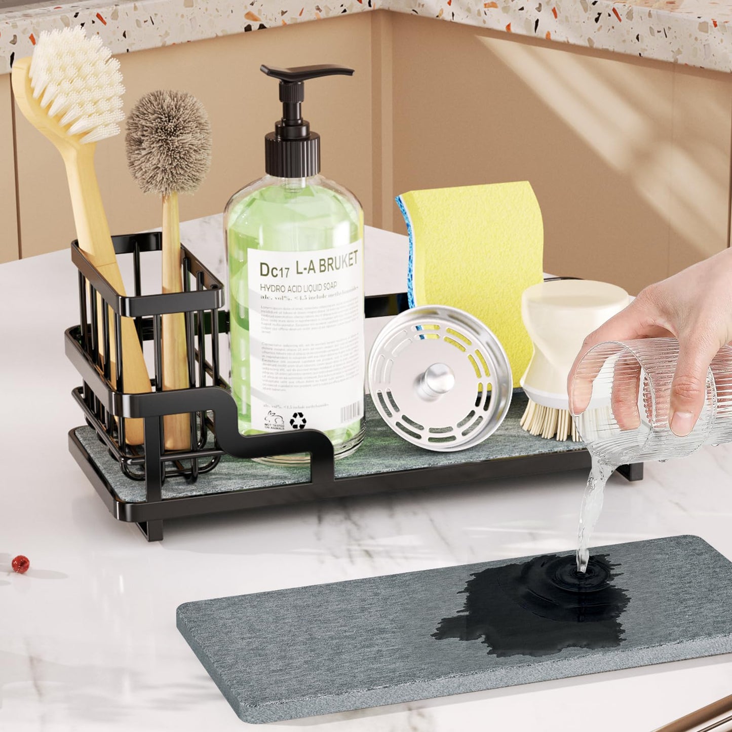 Consumest Sponge Holder for Kitchen Sink - Sink Caddy Organizer with Water Absorbing Stone Tray, Detachable Brush Holder, Stainless Steel Kitchen Counter Organizer Rack, Black