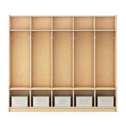 Guidecraft EdQ 5-Section Wooden Storage Locker with Bench Seat for Classroom, Kids Cubby Organizer with Shelves and Hooks for Coats, Divided Playroom Storage with Bins