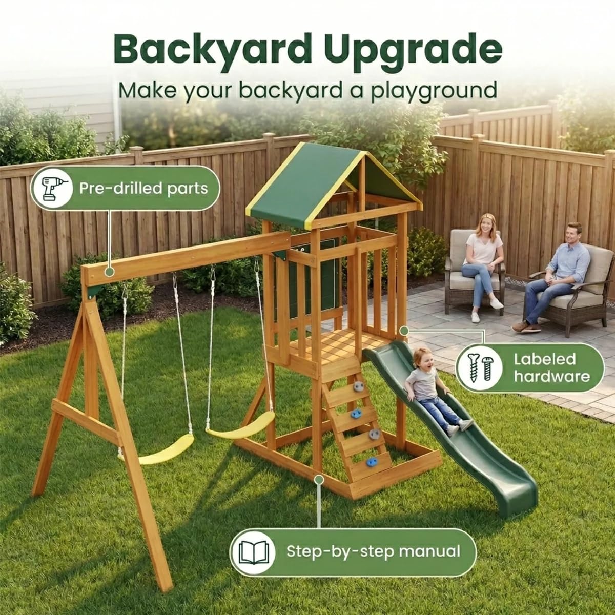 AkiiGer Cedar Wooden Backyard Playset with Swings, Wave Slide, Rock Wall Ladder, Sandbox Chalkboard & Canopy Roof, Outdoor Swing Set