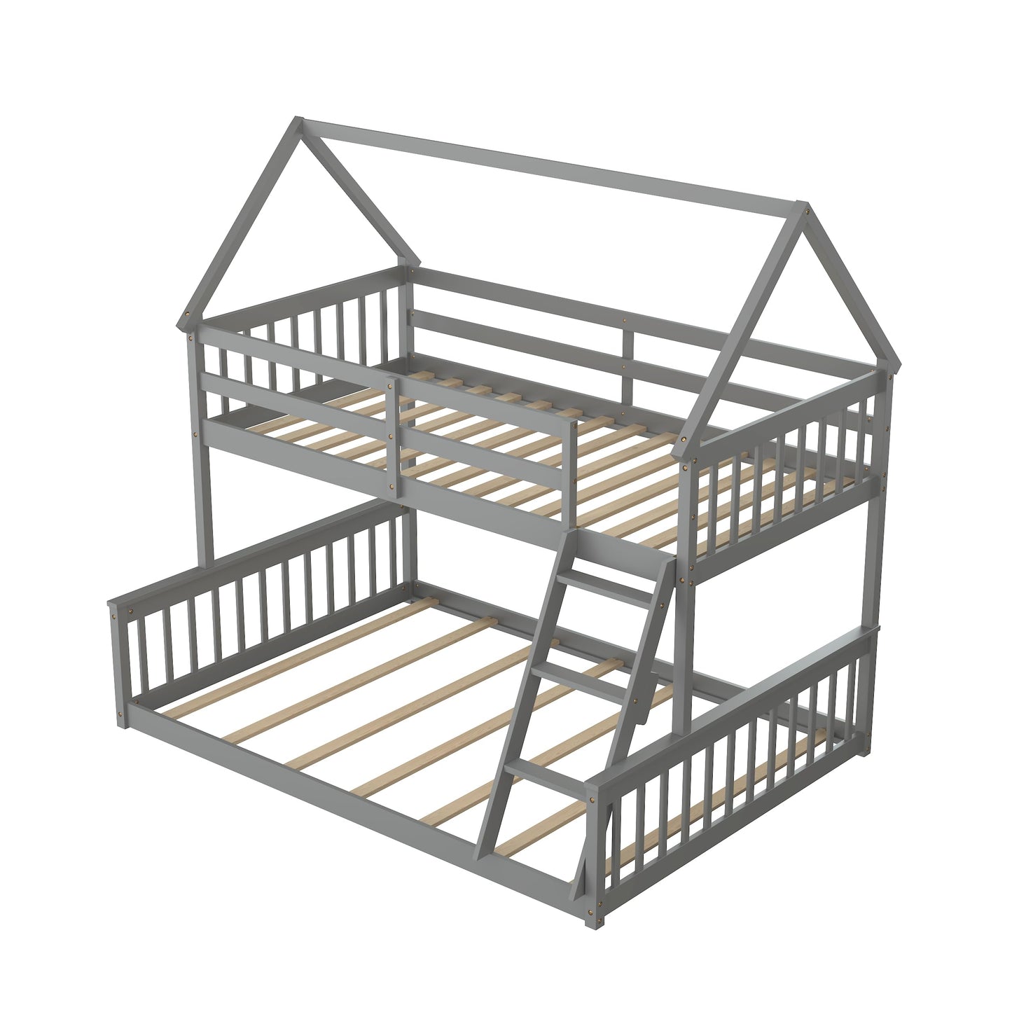 KOMFOTT Wood Twin Over Full House Bunk Bed with Built in Ladder, Solid Pine Wood Bunk Bed Frame with Safety Guardrails, House Bunk Bed Frame for Kids, Teens, Juniors, No Box Spring Needed (Grey)