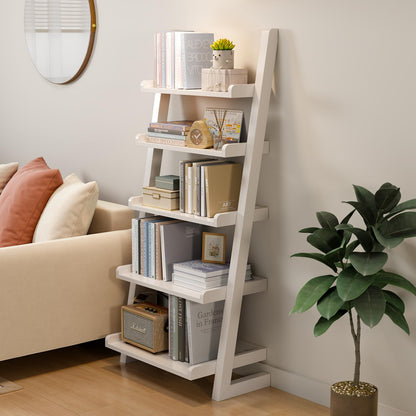 AQIMUELE White Wooden Ladder Shelf with Edges, 5-Tier Modern Leaning Bookshelf Ladder – Stylish Space-Saving Bookcase for Living Room, Bedroom & Home Office