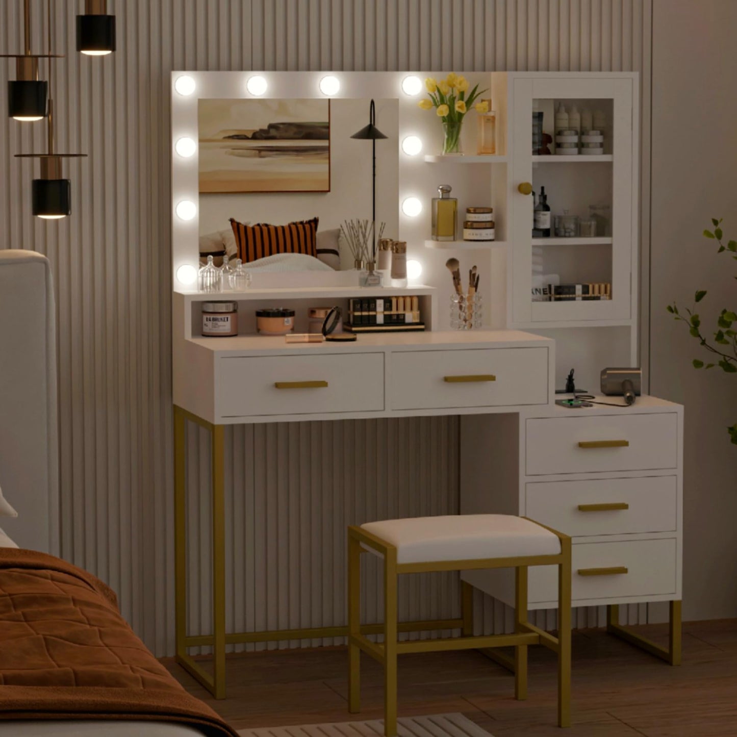 IDEALHOUSE Vanity Desk with Mirror and Lights, 43" Makeup Vanity Set with Stool, LED Lighted Mirror with 10 Bulbs, Drawers, Shelves & Charging Station, Dressing Table with Chair for Bedroom, White