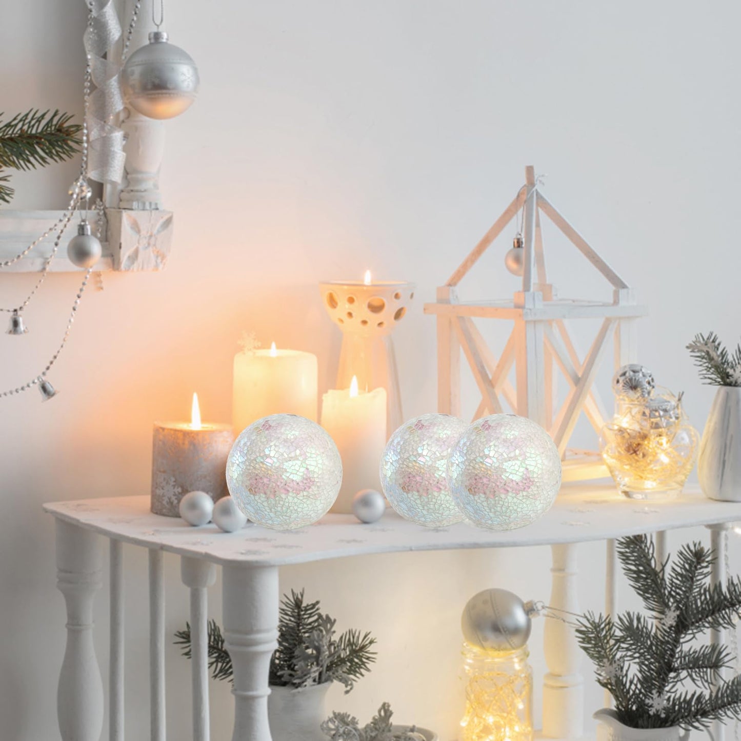 TOPZEA Set of 3 Decorative Balls, 4 Inch Glass Mosaic Orbs Sphere Bowl Fillers, Coffee Table Centerpiece Ball Ornaments for Living Room, Christmas, Holiday Party, White Home Decor