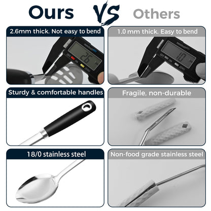 MUJINON 14-in Cooking Spoons Set, Heavy Duty 18/0 Stainless Steel Large Serving Spoons Set, Slotted Spoon, Cooking Spoon & Soup Ladle, Commercial and Residential Use, Pack of 3
