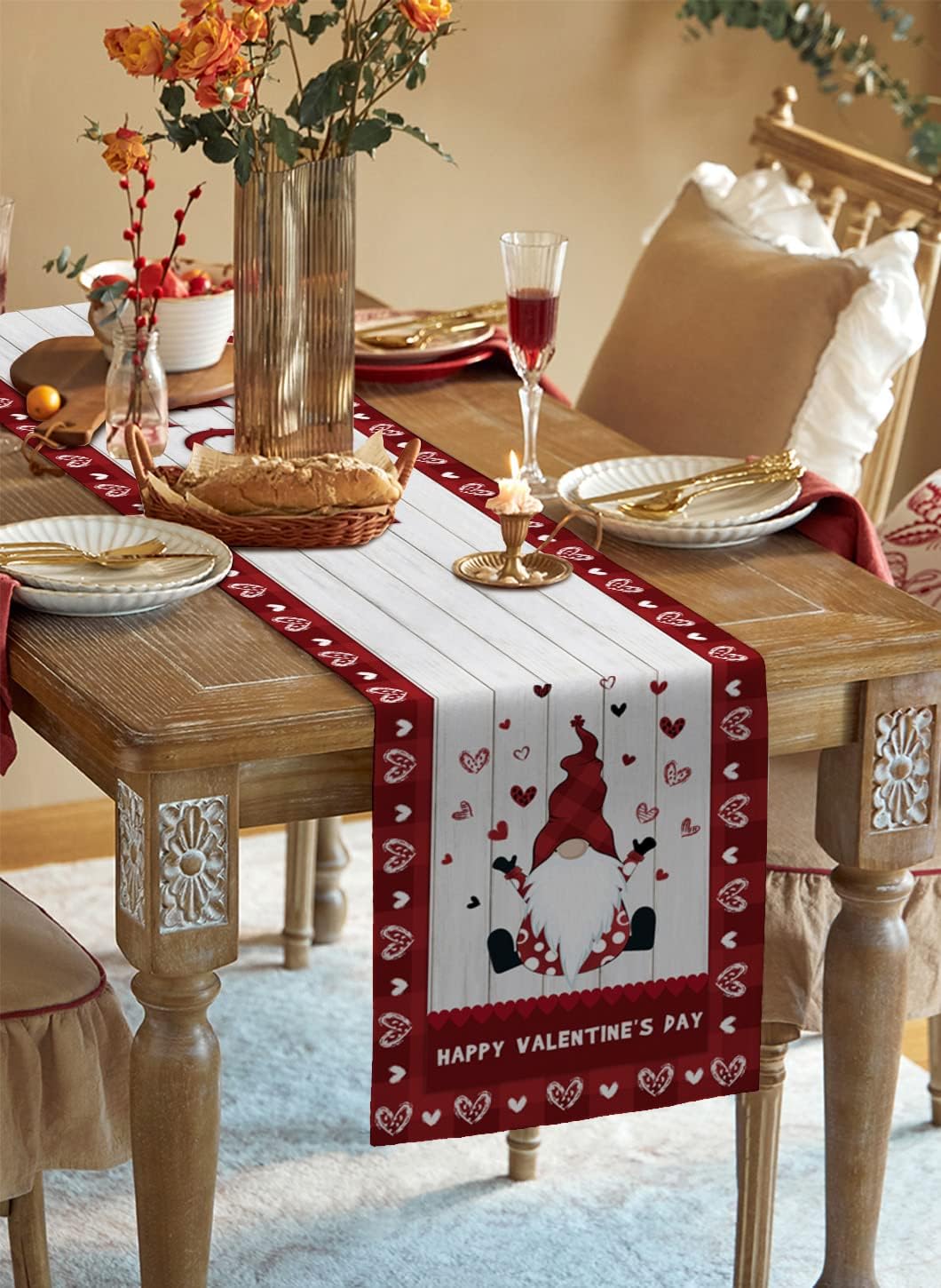 Valentine's Day Table Runner 70 Inches Long, Gnomes and Love Hearts on Wood Grain with Red Lattice Border