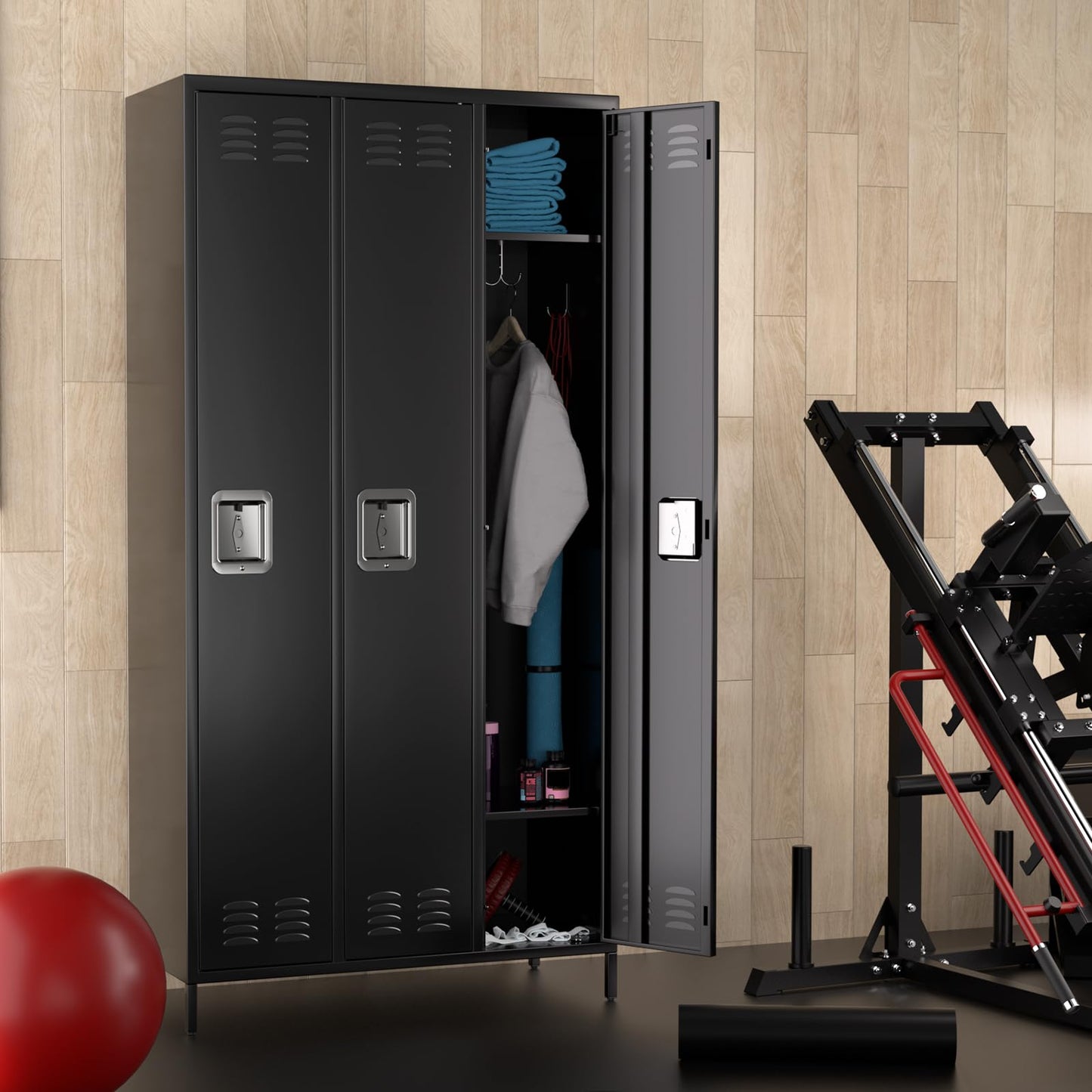 GarveeTech Metal Storage Locker with 3 Doors, Metal Locker for Employees with 9 Hooks for Garage School Office Gym Home, Assembly Required, Black